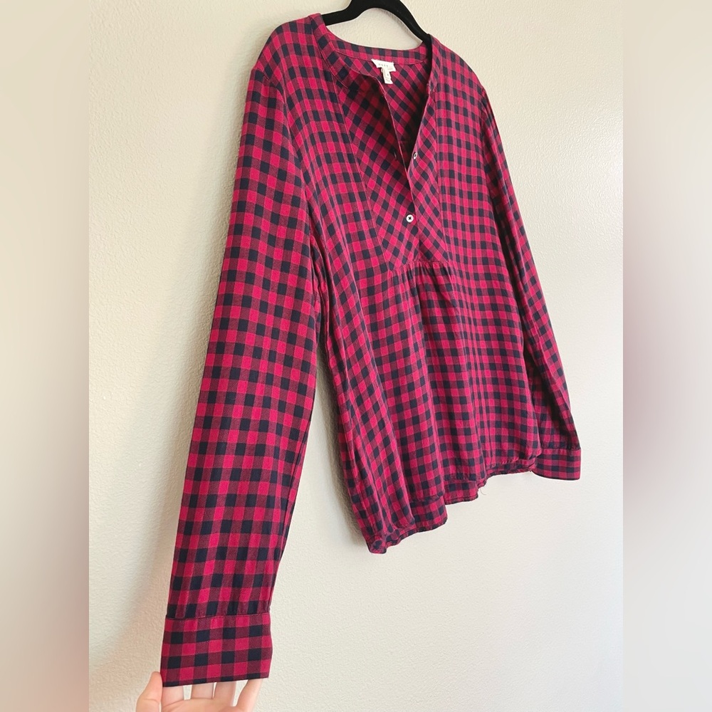 Soft by Joie Women's Medium Red Black Plaid Blouse Roll Long Sleeve Top Buffalo